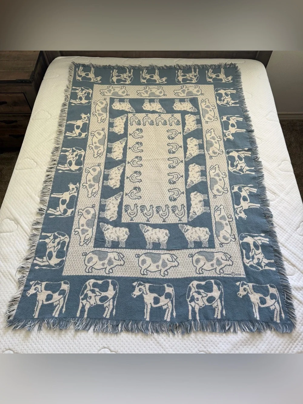 Vtg 1992 MWW Farm Animals Afghan Throw Blanket Cows Pigs Chickens Country 65x43”